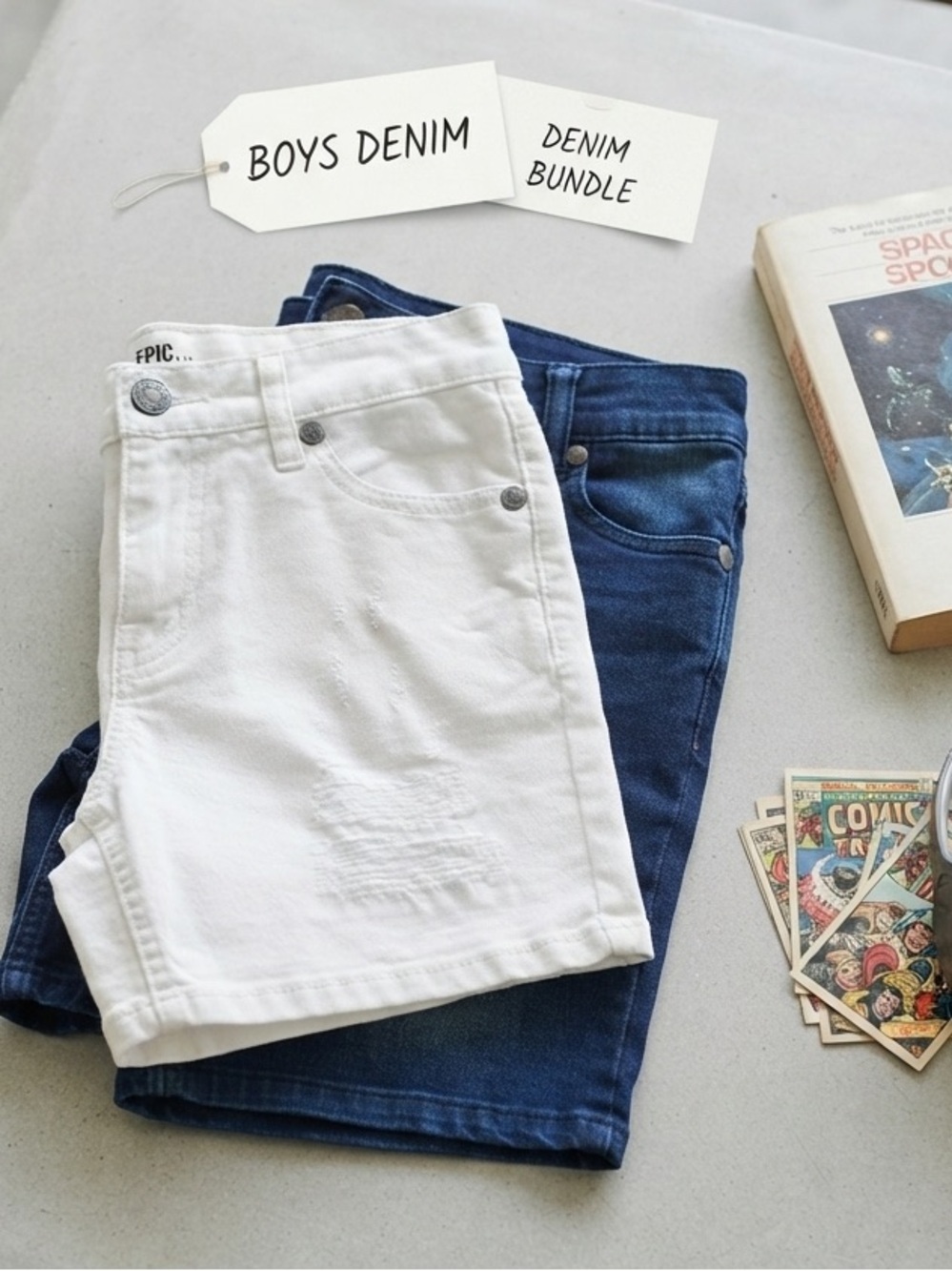 Epic Threads Boys Distressed Denim Shorts Bundle - White & Blue, Size [ Size S ]